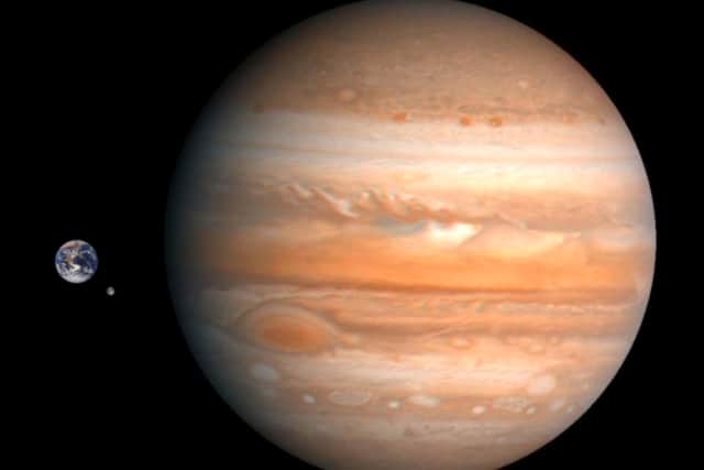 The gas giant Jupiter is estimated to be 69,911 kilometres in radius while planet Earth is 6,371 kilometres.