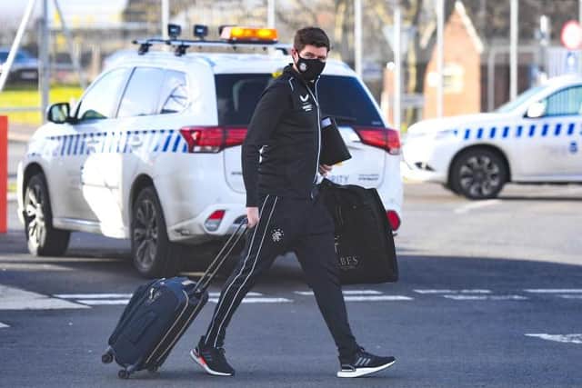 Rangers manager Steven Gerrard at Glasgow Airport on Wednesday afternoon as his team travelled to Belgium for the first leg of their Europa League last 32 tie against Royal Antwerp on Thursday night. (Photo by Ross MacDonald / SNS Group)