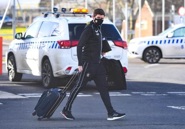 Rangers manager Steven Gerrard at Glasgow Airport on Wednesday afternoon as his team travelled to Belgium for the first leg of their Europa League last 32 tie against Royal Antwerp on Thursday night. (Photo by Ross MacDonald / SNS Group)