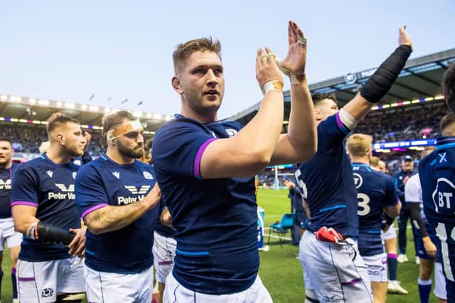 Jamie Hodgson celebrates Scotland's 15-13 win over Australia in the Autumn Nations Series at BT Murrayfield. (Photo by Ross Parker / SNS Group)
