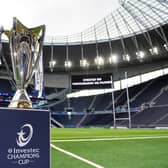 The Investec Champions Cup trophy on display at Tottenham Hotspur Stadium prior to Saturday's final between Leinster and Stade Toulousain. (Photo by Patrick Khachfe/Getty Images)
