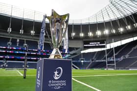 The Investec Champions Cup trophy on display at Tottenham Hotspur Stadium prior to Saturday's final between Leinster and Stade Toulousain. (Photo by Patrick Khachfe/Getty Images)