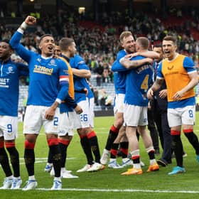 Rangers captain James Tavernier leads the celebrations after the 2-1 win over Celtic in the Scottish Cup semi-final at Hampden. (Photo by Alan Harvey / SNS Group)