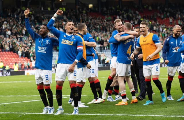 Rangers captain James Tavernier leads the celebrations after the 2-1 win over Celtic in the Scottish Cup semi-final at Hampden. (Photo by Alan Harvey / SNS Group)