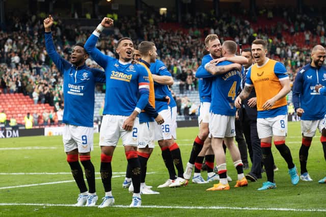 Rangers captain James Tavernier leads the celebrations after the 2-1 win over Celtic in the Scottish Cup semi-final at Hampden. (Photo by Alan Harvey / SNS Group)