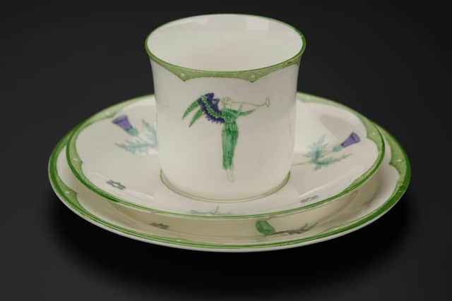 The tea set carries the symbol of the Women’s Social and Political Union and was made for the grand bazaar in Glasgow  in 1910. The 'angel of freedom' symbol was designed  by Sylvia Pankhurst, founder of the union, which was regarded as the more militant wing of the Suffragette movement. PIC: NMS.
