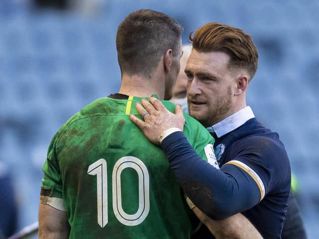 Scotland's Stuart Hogg with Johnny Sexton at full time after the Guinness Six Nations match between Scotland and Ireland at BT Murrayfield (Photo by Ross MacDonald / SNS Group)