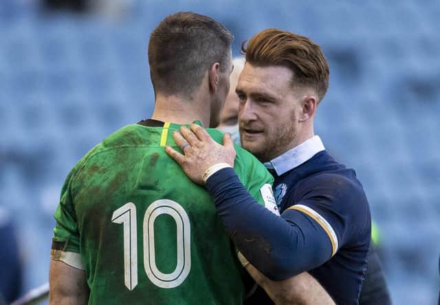 Scotland's Stuart Hogg with Johnny Sexton at full time after the Guinness Six Nations match between Scotland and Ireland at BT Murrayfield (Photo by Ross MacDonald / SNS Group)