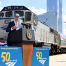 US President celebrating Amtrak's 50th birthday in Philadelphia last Friday. (Picture: Olivier Douliery/AFP/Getty Images)