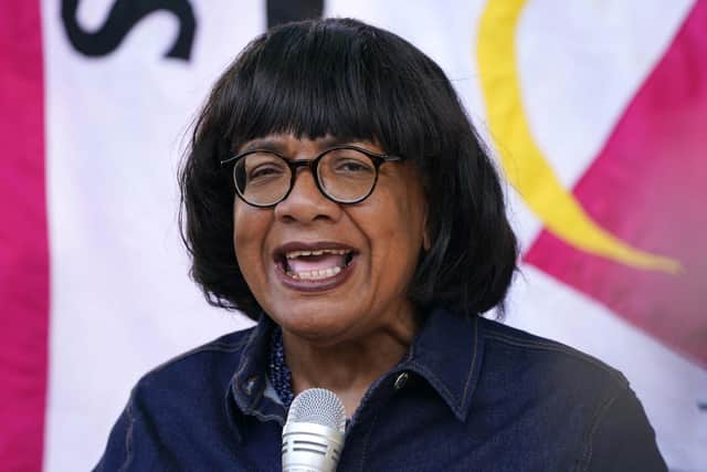 Diane Abbott speaking during a Stand Up to Racism taking the knee event outside Downing Street in London. Picture: Jonathan Brady/PA Wire