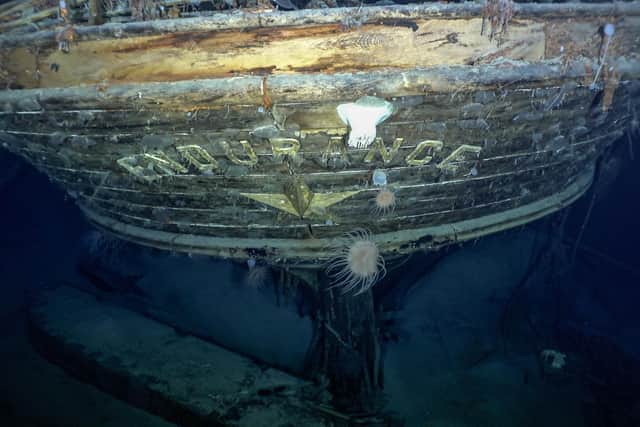 Photo issued by Falklands Maritime Heritage Trust of the stern of the wreck of Endurance, Sir Ernest Shackleton's ship which has not been seen since it was crushed by the ice and sank in the Weddell Sea in 1915.