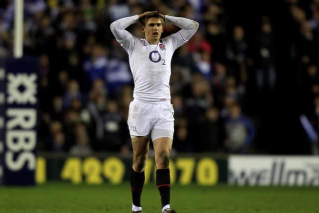 Disappointment for Toby Flood as he reacts after missing a kick to win the match during the 2010 Six Nations Championship match between Scotland and England at Murrayfield.  (Photo by David Rogers/Getty Images)