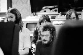 Joe Egan – wearing glasses – pictured during a Stealers Wheel recording session