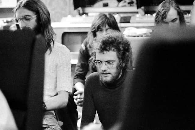Joe Egan – wearing glasses – pictured during a Stealers Wheel recording session