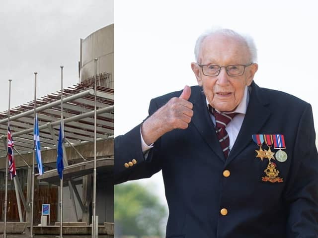 Scottish Parliament fly their flags at half mast to pay tribute to Captain Tom (Photo: Lisa Ferguson).