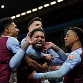 Aston Villa's Douglas Luiz (centre) celebrates after scoring his side's winner against Burnley.