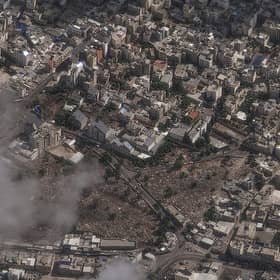 This image provided by Maxar Technologies shows an overview of al-Ahli Hospital after explosion in Gaza City.  (Satellite image ©2023 Maxar Technologies via AP)