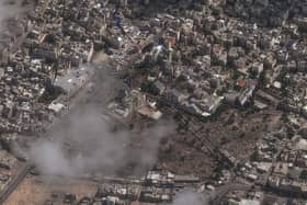 This image provided by Maxar Technologies shows an overview of al-Ahli Hospital after explosion in Gaza City.  (Satellite image ©2023 Maxar Technologies via AP)