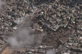 This image provided by Maxar Technologies shows an overview of al-Ahli Hospital after explosion in Gaza City.  (Satellite image ©2023 Maxar Technologies via AP)