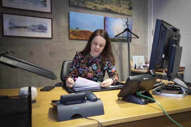 Finance secretary Kate Forbes preparing her speech in her office in Holyrood. Picture: Jane Barlow/PA Wire