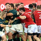 Tempers flare following Cheslin Kolbe's high challenge on Lions scrum-half Conor Murray. Picture: David Rogers/Getty Images