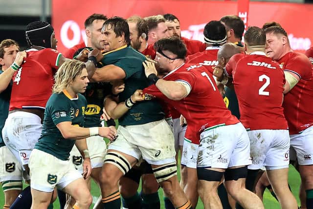 Tempers flare following Cheslin Kolbe's high challenge on Lions scrum-half Conor Murray. Picture: David Rogers/Getty Images