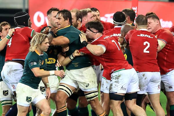Tempers flare following Cheslin Kolbe's high challenge on Lions scrum-half Conor Murray. Picture: David Rogers/Getty Images