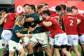 Tempers flare following Cheslin Kolbe's high challenge on Lions scrum-half Conor Murray. Picture: David Rogers/Getty Images
