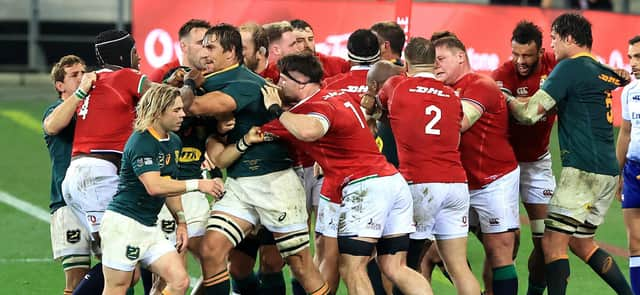 Tempers flare following Cheslin Kolbe's high challenge on Lions scrum-half Conor Murray. Picture: David Rogers/Getty Images