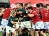 Tempers flare following Cheslin Kolbe's high challenge on Lions scrum-half Conor Murray. Picture: David Rogers/Getty Images