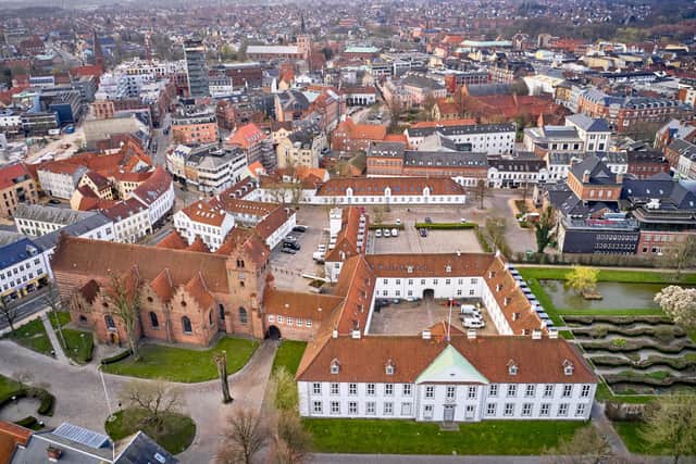 Aerial view of the Odense castle and the Saint Hans Church at the King's Garden (icture: Mikkel Berg Pedersen/Ritzau Scanpix/AFP) / Denmark OUT (Photo by MIKKEL BERG PEDERSEN/Ritzau Scanpix/AFP via Getty Images)