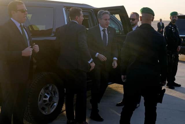 US Secretary of State Antony Blinken arrives to board a plane bound for Cairo at King Khalid International Airport in Riyadh. Picture: AFP via Getty Images