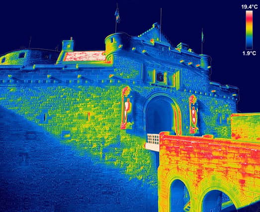 A thermal image of the entrance to Edinburgh Castle. The landmark has the same level of carbon dioxide emissions as 348 UK homes. PIC: HES.