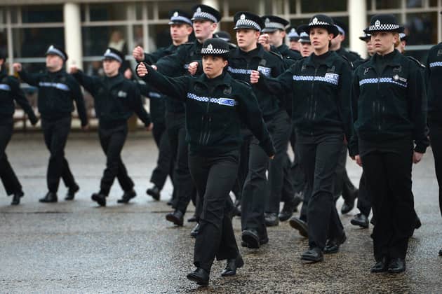 Police recruits participate in a passing out parade at Tulliallan Police College. Picture: Jeff J Mitchell/Getty Images