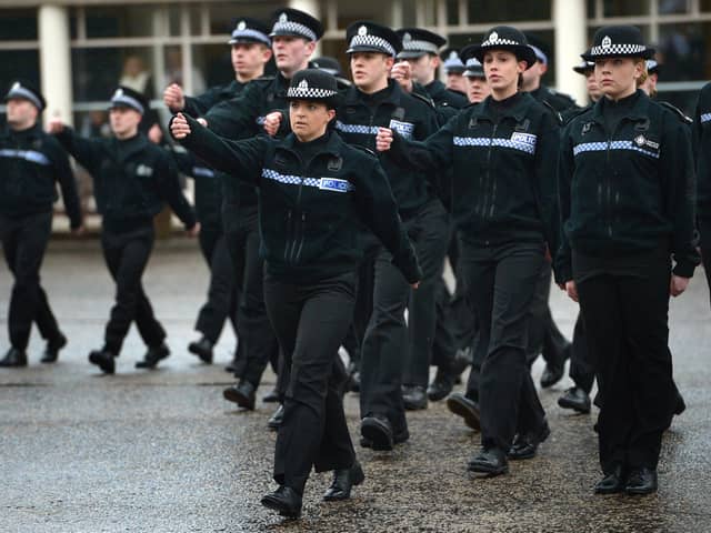 Police recruits participate in a passing out parade at Tulliallan Police College. Picture: Jeff J Mitchell/Getty Images