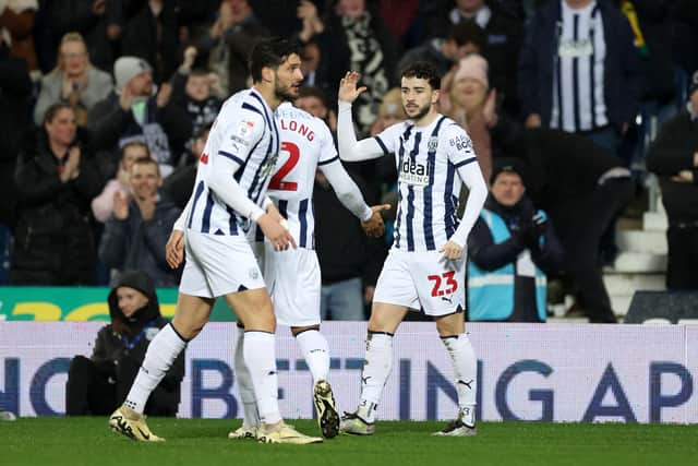 Mikey Johnston (right) celebrates scoring his first goal for West Brom following his loan move from Celtic. (Photo by Catherine Ivill/Getty Images)