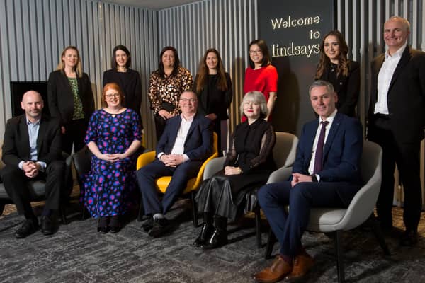 Promoted staff at Lindsays with the firm’s managing partner Alasdair Cummings and chair Nina Taylor. Back row, left to right, Nicole Noble, Clare Wilson, Leanne Gordon, Rachel Holt, Kaman Au-Yeung, Samantha Miller, Scott Geekie. Front, from left,  David Walker, Joanna Saigeon, Alasdair Cummings, Nina Taylor, Daniel Gorry.