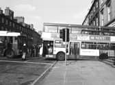 An Eastern Scottish bus rolled backwards, crashing through the railings of a York Place flat in Edinburgh, May 1988   Pic: George Smith