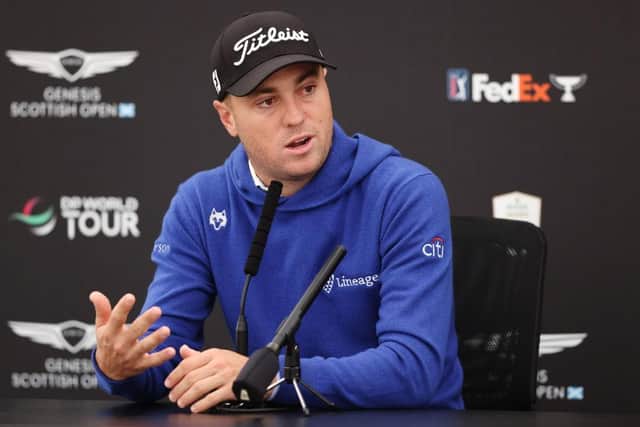 Justin Thomas speaks in a press conference ahead of the Genesis Scottish Open at The Renaissance Club in East Lothian. Picture: Luke Walker/Getty Images.