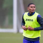 Demetri Mitchell trains with Hibs after completing a move from Blackpool.