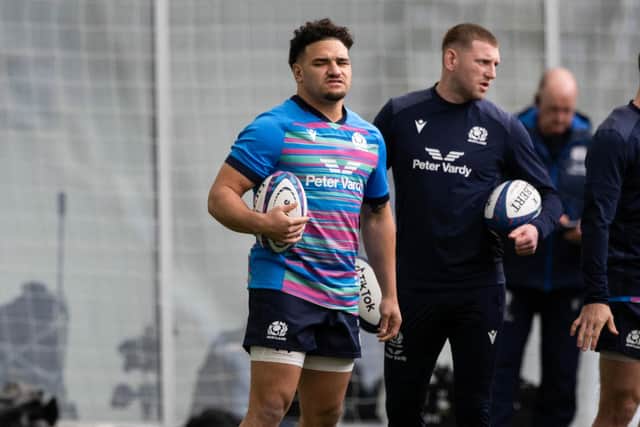 Sione Tuipulotu and Finn Russell train with Scotland on Wednesday ahead of the trip to France in the Six Nations. (Photo by Craig Williamson / SNS Group)