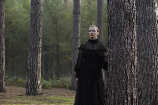 Jodie Comer as Villanelle in the hit series 'Killing Eve,' wearing an Alexander McQueen-designed dress, which features in the National Museum of Scotland's new exhibition Beyond the Little Black Dress.