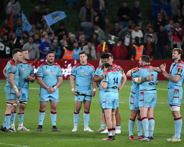 Glasgow Warriors players stand dejected following the 19-43 defeat by Toulon in the European Challenge Cup final at the Aviva Stadium, Dublin, in 2023. (Photo by Shutterstock)