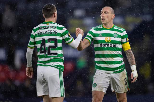 Celtic's Callum McGregor (left) with Scott Brown at full time of the Scottish Cup semi-final against Aberdeen last month in which the midfielder says the under-fire captain was arguably the best player on the pitch.(Photo by Craig Williamson / SNS Group)