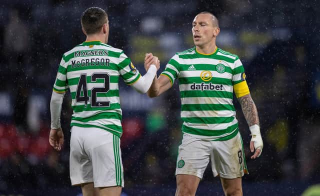 Celtic's Callum McGregor (left) with Scott Brown at full time of the Scottish Cup semi-final against Aberdeen last month in which the midfielder says the under-fire captain was arguably the best player on the pitch.(Photo by Craig Williamson / SNS Group)