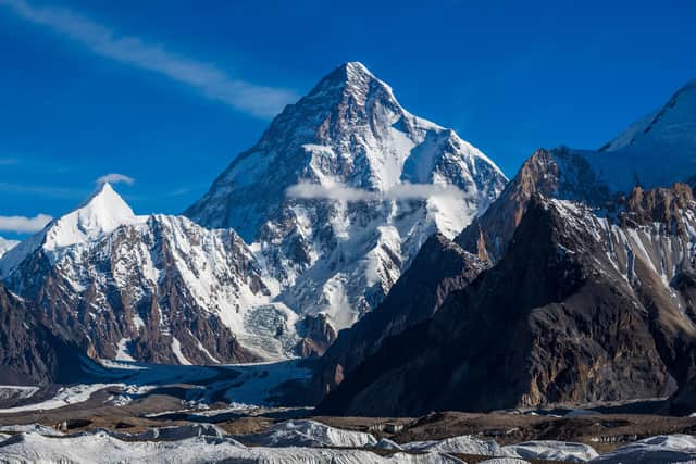 Angel Peak (6858 m) and K2 (8611 m), Godwin Austen Glacier, Baltoro Muztagh. Karakoram Mountains, Pakistan PIC: Colin Prior