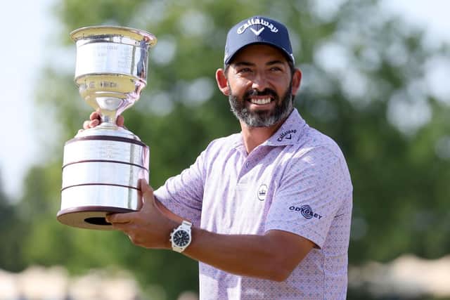 Spaniard Pablo Larrazabal shows off the KLM Open trophy after his grandstand finish in the Netherlands. Picture: Getty Images
