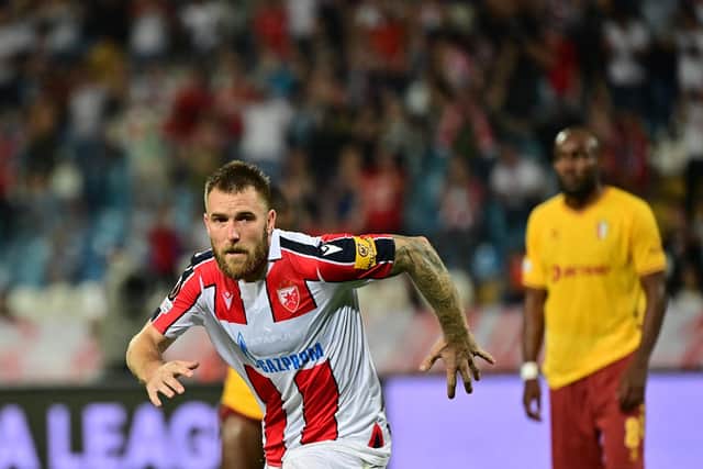 Key midfielder Aleksandar Katai is one of five Red Star Belgrade players who are one booking away from suspension going into the first leg of the Europa League last 16 tie against Rangers at Ibrox. (Photo by ANDREJ ISAKOVIC/AFP via Getty Images)