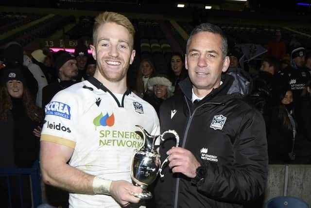 Glasgow Warriors head coach Franco Smith and Kyle Steyn with the 1872 Cup.