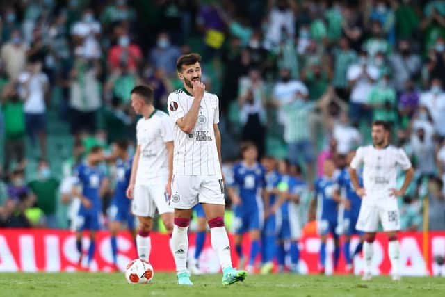 SEVILLE, SPAIN - SEPTEMBER 16: Albian Ajeti of Celtic reacts after their side concedes a fourth goal scored by Juanmi of Real Betis (not pictured) during the UEFA Europa League group G match between Real Betis and Celtic FC at Estadio Benito Villamarin on September 16, 2021 in Seville, Spain. (Photo by Fran Santiago/Getty Images)